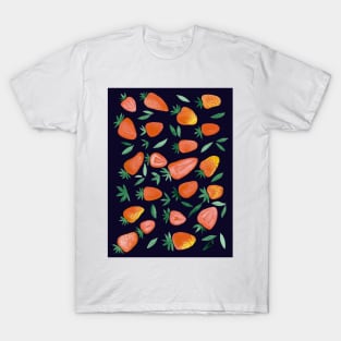 Watercolors strawberries - orange on dark background T-Shirt